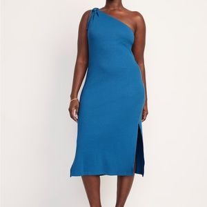 Blue Fitted One-Shoulder Midi Dress